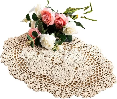 Eiyye 2-Pieces Handmade Cotton Crochet Doilies Oval 12 x 17 inches, Beige  - Image 1 of 4