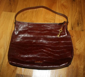 Vintage Fossil Croc Embossed Shoulder Bag Brown Leather Purse with Key VGC - Picture 1 of 6