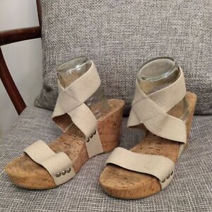 Lucky Brand Light Tan Fabric Cork Platform Wedge Ankle Strap Sandals Size 8.5B 