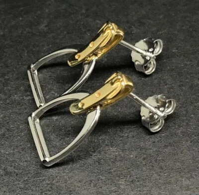 Horse stirrup drop earrings, solid Sterling Silver. Stud. Gold on silver. Box. - Image 1 of 4