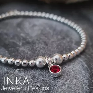 925 Sterling Silver beaded Bracelet January Garnet Birthstone charm By INKA - Picture 1 of 6