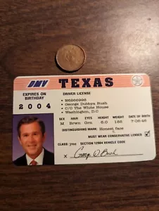 GEORGE DUBBYA BUSH , CARDBOARD "FAKE" DRIVER LIC., MINT COND. FRONT, BACK HAS SO - Picture 1 of 3