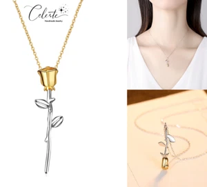 Rose Stem Necklace 18K Gold Plated on 925 Sterling Silver Belle Beauty & Beast - Foto 1 di 11