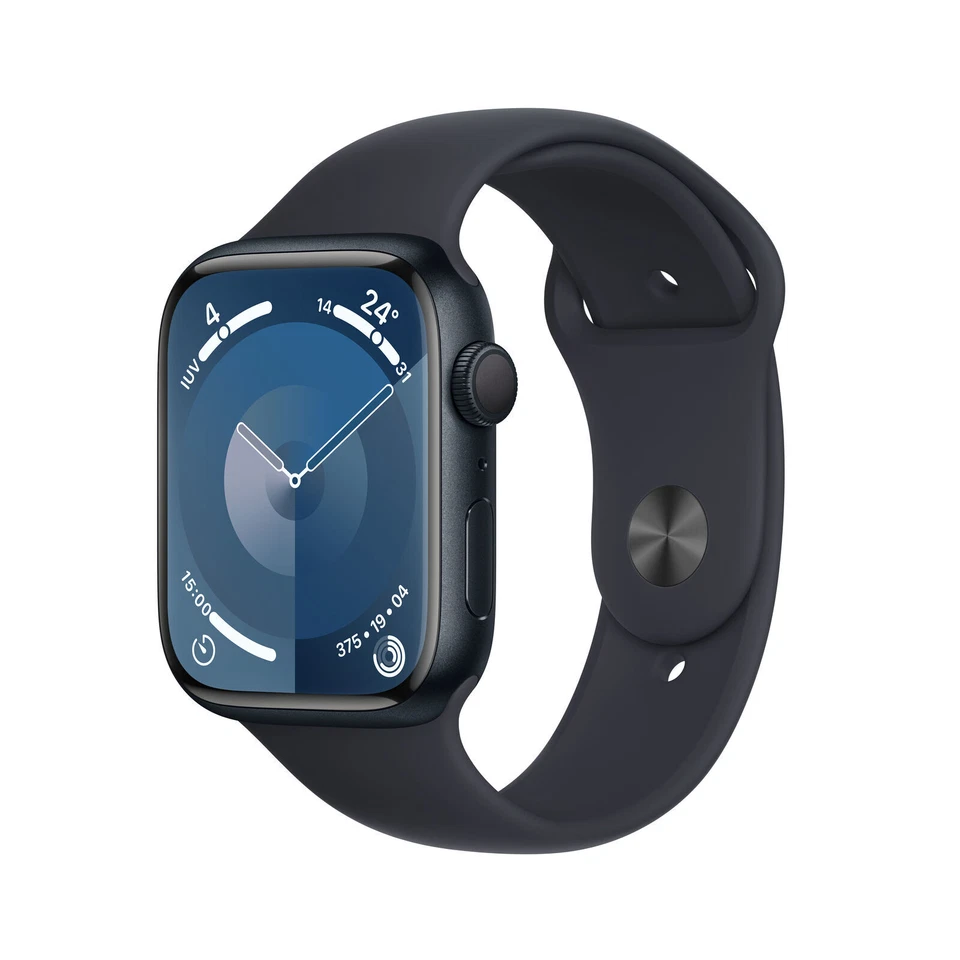 Apple Watch Series 9 45mm Aluminiumgehäuse mit Sportarmband - Mitternacht, M/L (GPS) (MR9A3QF/A)