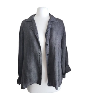 FLAX 100% Linen Jacket Check Plaid Women's Large Shirt Brown Lagenlook Relaxed - Picture 1 of 13