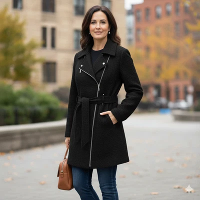 BCBGeneration Women XL Black Asymmetrical Zip Belted Swing Peacoat - Image 1 of 4