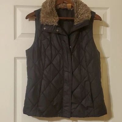 NorthCrest 经典黑色背心假毛皮领饰女式 M 码背心可调节 — 第 1/4 张图片