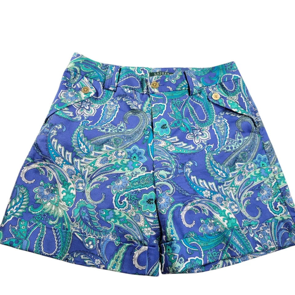 RALPH LAUREN 佩斯利短裤女式 6 水蓝色多彩  — 第 1/4 张图片