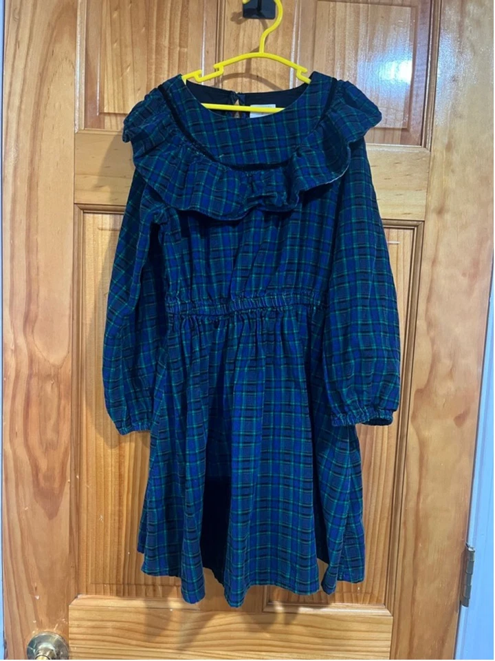 Vestido Crewcuts Niñas Talla 8 Verde Azul Cuadros Cuello Volantes Manga Larga Vacaciones Foto 1 de 3