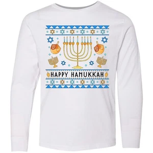 Inktastic Happy Hanukkah Sweater Style Design With Youth Long Sleeve T-Shirt Of - Picture 1 of 3