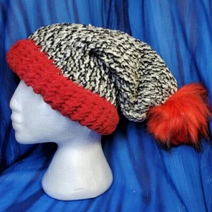 Inkwell Black Red Slouchy Hat 13" Detachable Faux Fur Red Pom Pom Adult Handmade - Picture 1 of 1