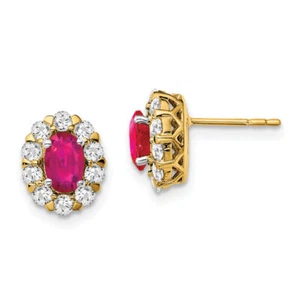 14K Solid Yellow Gold Oval Ruby Diamond Halo Stud Earrings - Picture 1 of 5