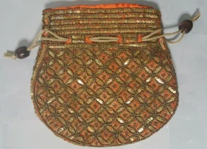 Indian Women Bridal Wedding Ethnic Evening Party Purse With Beads In Orange - Picture 1 of 2