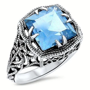 DECO ANTIQUE STYLE 925 STERLING SILVER SIMULATED AQUAMARINE FILIGREE RING 907Z - Picture 1 of 1