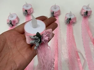 12x Kina Gecesi LED El Mumu Hennaabend Handkerzen LED Teelicht Rosa Satin Spitze - Bild 1 von 6