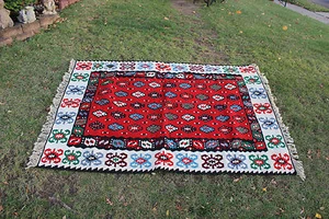 Alfombra de área vintage tejida a mano de lana afgana 6'6""X4'6"" roja patrones coloridos #2 - Imagen 1 de 11