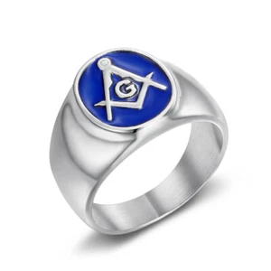 Vintage Blue Enamel Freemason AG Ring Stainless Steel Oval Masonic Signet Ring - Picture 1 of 2