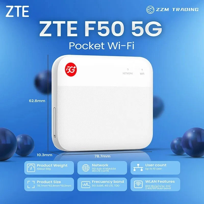 Original ZTE F50 5G Portable Wi-Fi Routers 5G Sub-6 SA/NSA N1/5/8/28/41/78 - Image 1 of 4