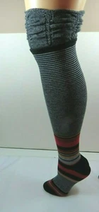 Women's Size 9-11 High Cotton Blend Gray Striped Knee High Socks Ruched Cuff A - Picture 1 of 5