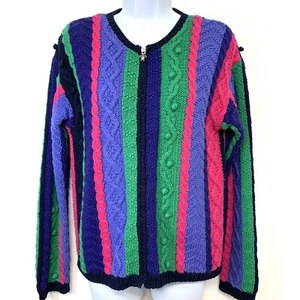 Vtg Eagles Eye Sweater Woman Small Full Zip Rainbow Cable Knit Cotton Rami Warm - Picture 1 of 12