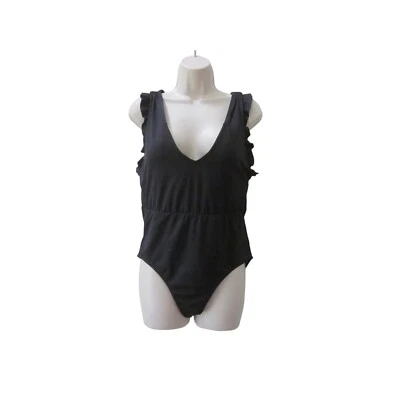 NWT CATALINA Black V-Neck & Back Ruffle Trim One Piece Bathing Swimsuit Sz L - Image 1 of 3
