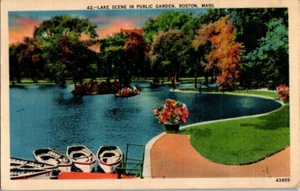Vintage Post Card Lake Scene In Public Garden Boston Mass Linen Posted 1943 - Picture 1 of 2