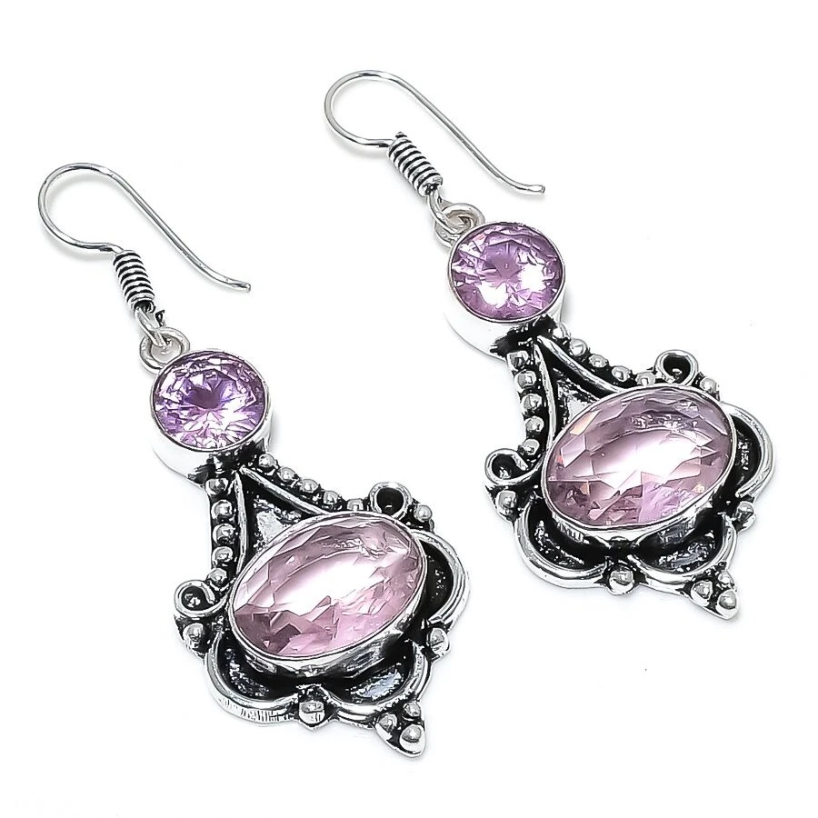 Pendientes de joyería de plata de ley 925 hechos a mano con piedras preciosas de kuncita rosa tamaño 2" Foto 1 de 1