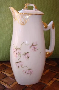 ANTIQUE HAND PAINTED LIMOGES T&V CHOCOLATE COFFEE TEA POT, FLOWERS & GOLD 9" - Picture 1 of 11