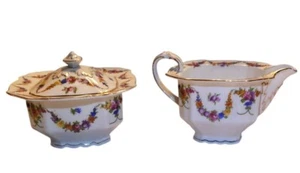 Epiag Czech Floral Swag Lidded Sugar Bowl & Creamer Vintage Porcelain Gold Trim - Picture 1 of 24