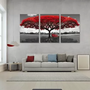 Red Tree Canvas Wall Art 3 Piece Panel Abstract Landscape Print 60x30" Large - Picture 1 of 11