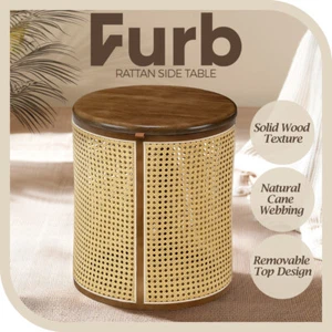 Furb Rattan Bedside Table Round Coffee Side End Tables Sofa Desk w/Storage, 40CM - Picture 1 of 5