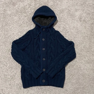 Abercrombie Fitch Sweater Mens Medium Navy Blue Cable Knit Sherpa Hooded Zip Y2K - Image 1 of 4