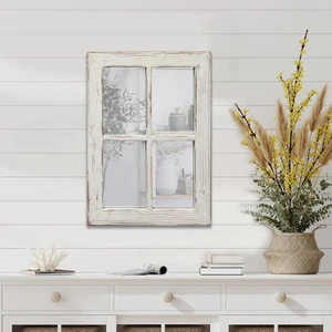Rustic Small Window Pane Mirror Wall Decor 11 X 16 Inches, Hanging Distressed Wh - Picture 1 of 9