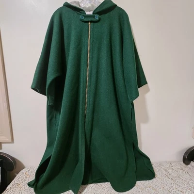 Capa de lana hecha a mano vintage Pobcho - con capucha - (la capucha está forrada) verde OSFM  Foto 1 de 4