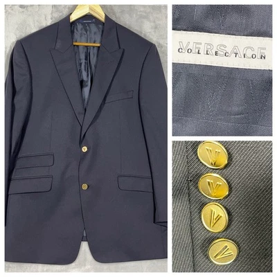 Versace Collection Hombres Blazer Abrigo Deportivo Traje Chaqueta 54 Lana Azul Marino Dorado Botón Foto 1 de 4