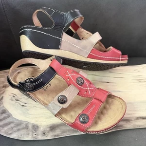 SPRING STEP L'Artiste Sandals Sz 38 US 7-7.5 Red Bone Navy Leather MELISSA - Picture 1 of 13