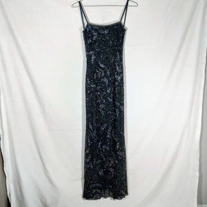 Vintage 90s JMDC Evening Gown Prom Dress Silk Black Iridescent Floral Sequin - Picture 1 of 15