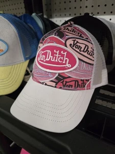 Von Dutch Hat Cap Snap Back Trucker White Pink Mesh Patch Logo Streetwear Mens - Picture 1 of 4