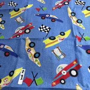 Fabric 3/4 Yard Race Cars Checkered Flag Blue Jeans Background - Picture 1 of 1