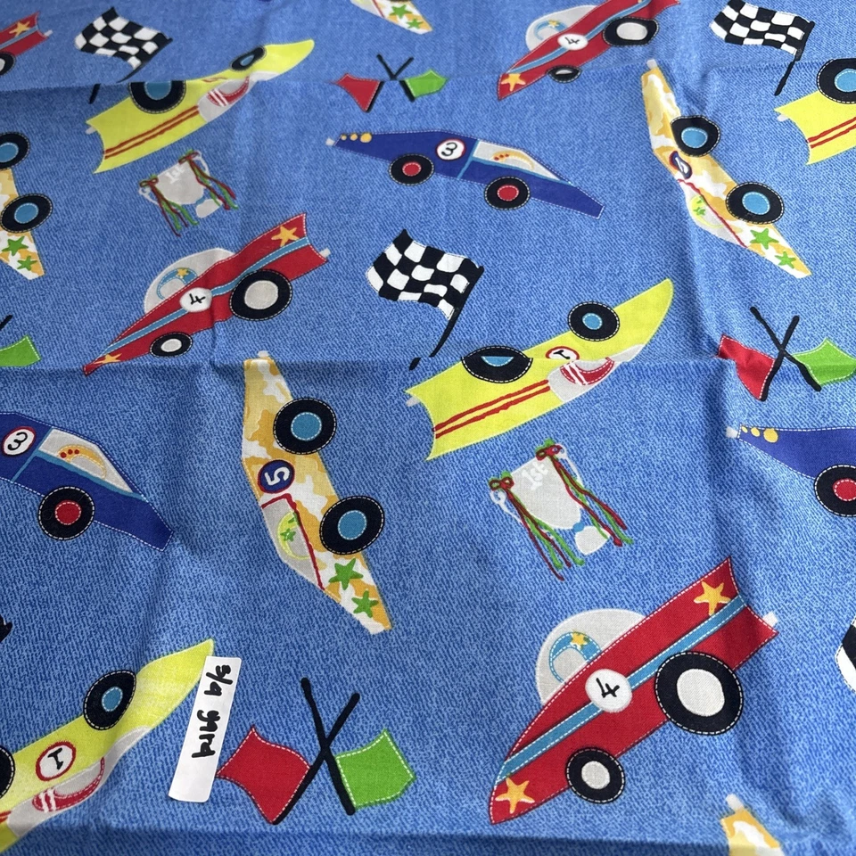 Fabric 3/4 Yard Race Cars Checkered Flag Blue Jeans Background - Image 1 of 1