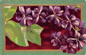 Postal: Saludos de cumpleaños, DB, 1910, flores púrpuras - Imagen 1 de 2