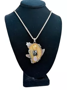 Artisan 925 Bear Pendant Necklace W/ Agate Slice, Carved Face & Fused Glass - Picture 1 of 14