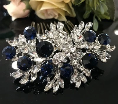 Silver tone elegant wedding blue color crystal  bridal hair comb ha274225blue - Image 1 of 4