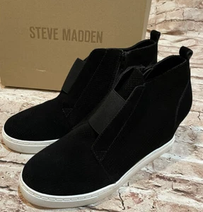 NIB Steve Madden Leather Black Wedge Sneaker FLVY01S1 Womens 10 - Picture 1 of 7