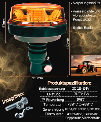 Rundumleuchte  Warnleuchte 4 Blitzmuster 12V 24V ECE R65 R10 E9 für PKW LKW LED - Bild 1 von 4