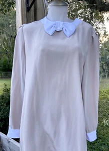 Vintage 1970s Henry Lee Mod Long Sleeve Shift Dress Taupe White Sz L/XL Union - Picture 1 of 13