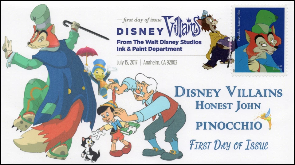 17-166, 2017, Disney Villains, Honest John, Pinocchio, DCP, FDC - Image 1 of 1