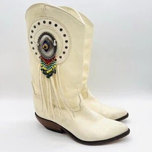 Stivali da cowboy western vintage Zodiac Off White in pelle con frange e perline donna 7,5 - Foto 1 di 17