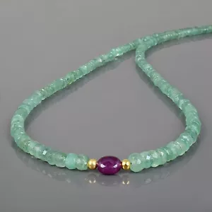 18" Strand Natural Colombian Emerald Ruby Rondelle Beads Necklace Silver Clasp - Picture 1 of 5