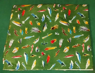 1.375 Yds Robert Kaufman "Lakeside Anglers" Flannel Fabric 42", Green Lures - Image 1 of 2